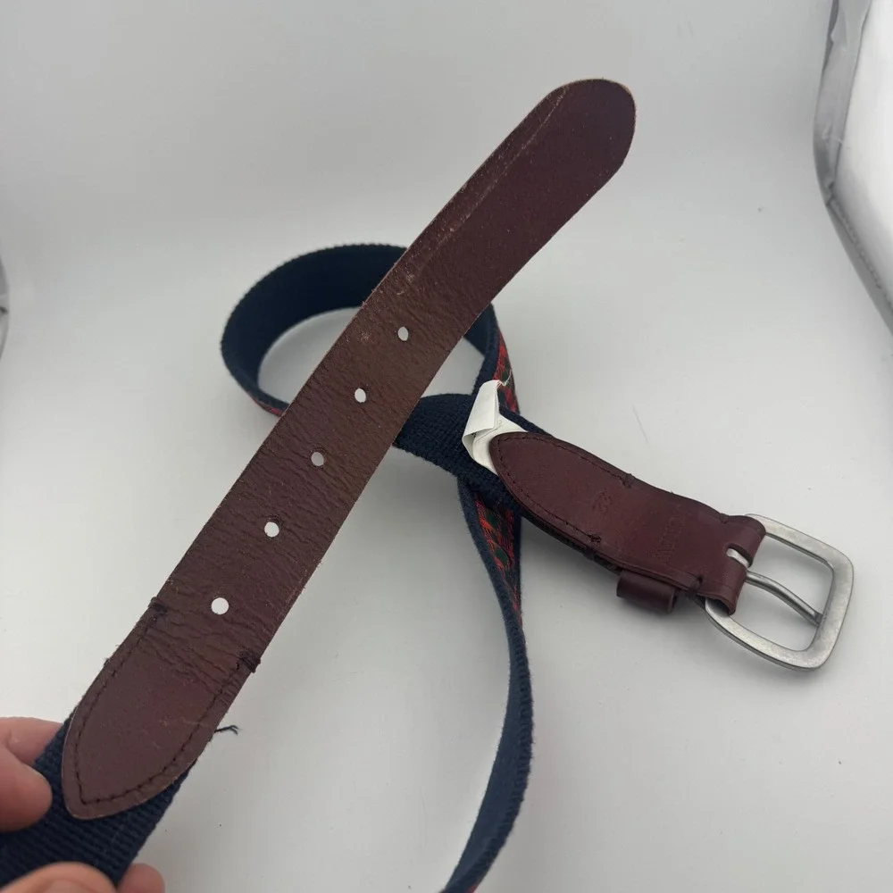 J.Crew Mens 32 Navy Blue Red Tartan Plaid Leather Canvas Belt K4680